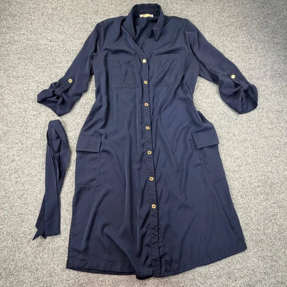 Michael Michael Kors Navy Blue Utility Shirt Dress XL Gold Buttons Belted